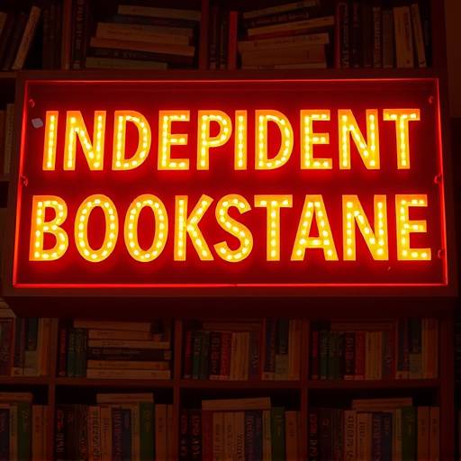 Insegna a lettere scatolate con retroilluminazione al neon per una libreria indipendente.