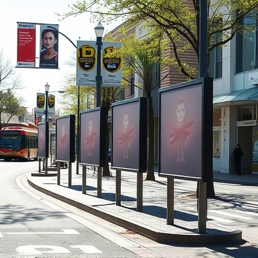 Serie di piccoli cartelloni pubblicitari posizionati in punti strategici di una via commerciale.