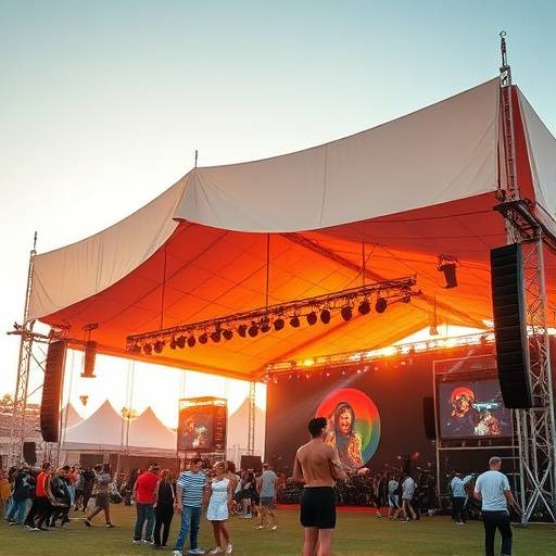 Struttura temporanea di grande formato per un festival musicale all'aperto.