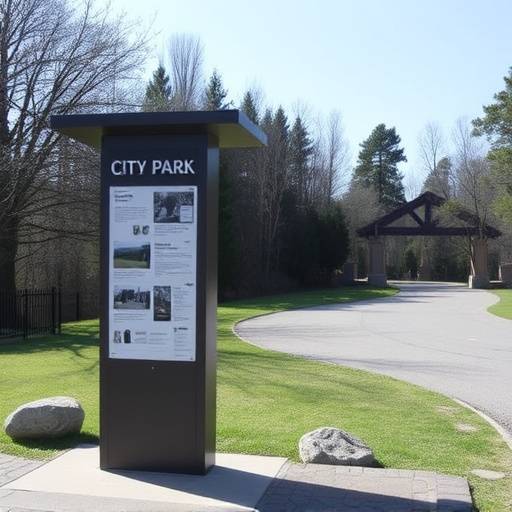 Totem informativo modulare installato all'ingresso di un parco cittadino.