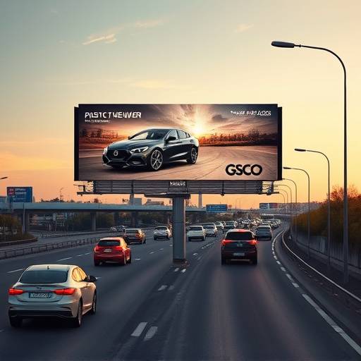 Un grande cartellone pubblicitario per un marchio automobilistico installato su un'autostrada trafficata.